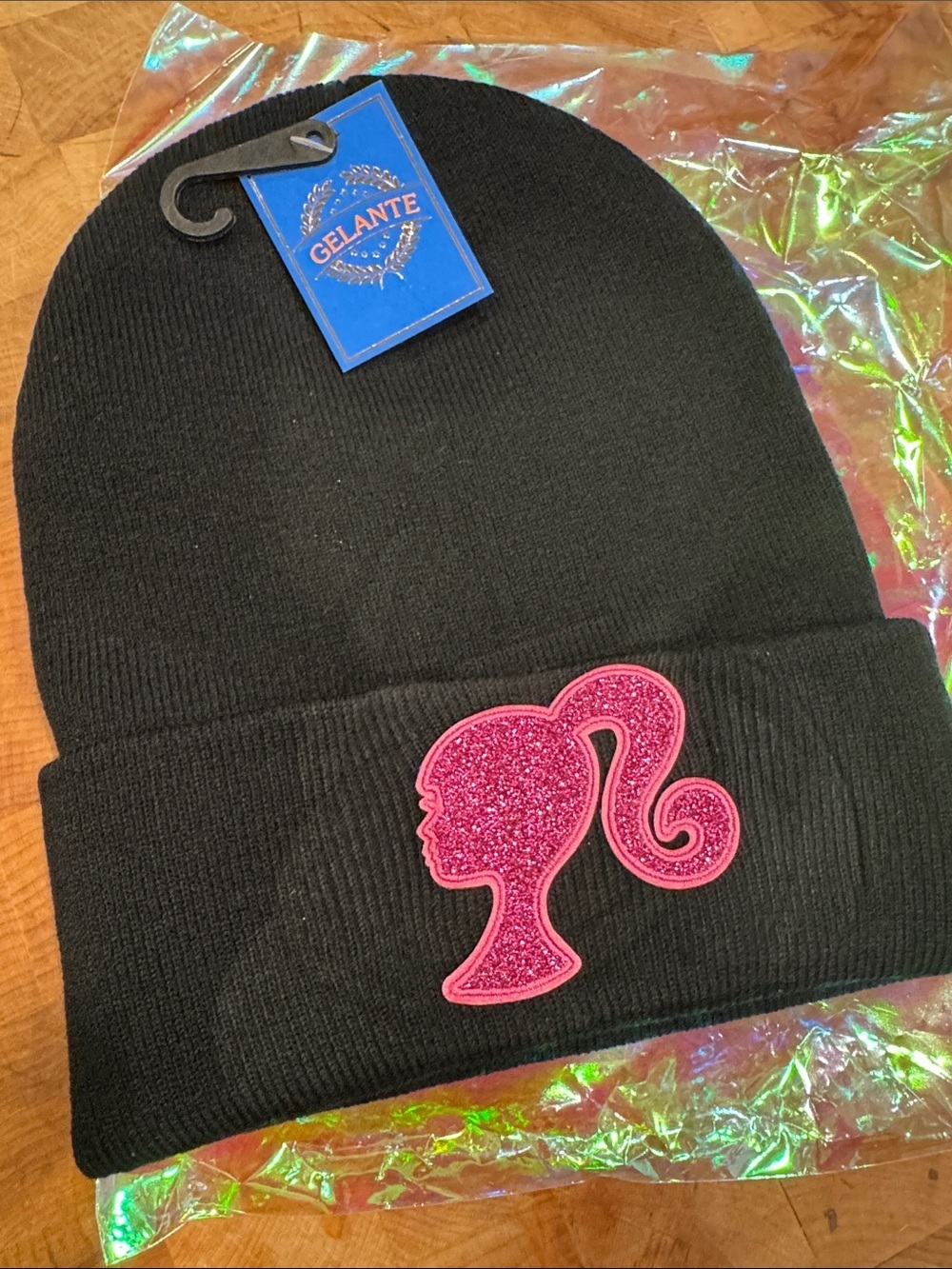 Gelante Barbie sparkle glitter pink graphic black cuffed beanie hat NWT One size